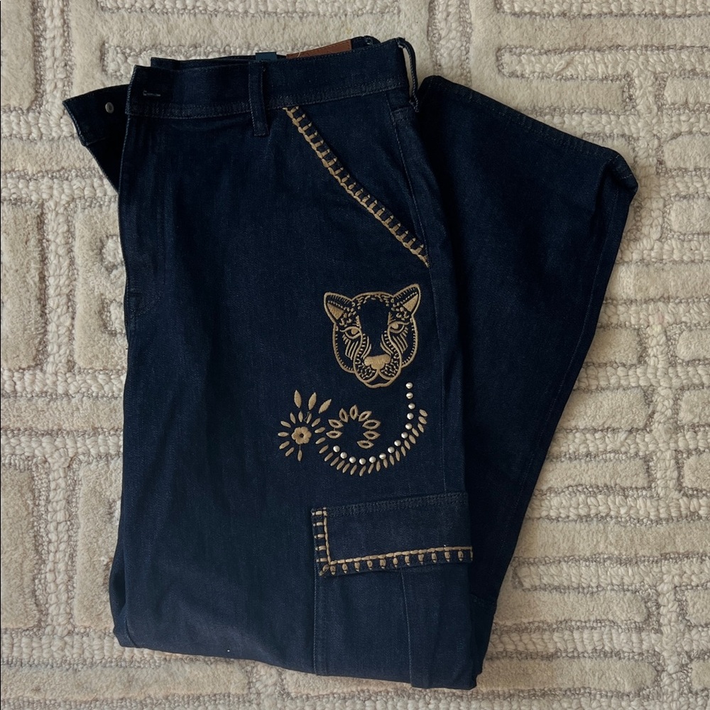 Johnny Was Dark Cargo Blue Jeans with  Patch detail